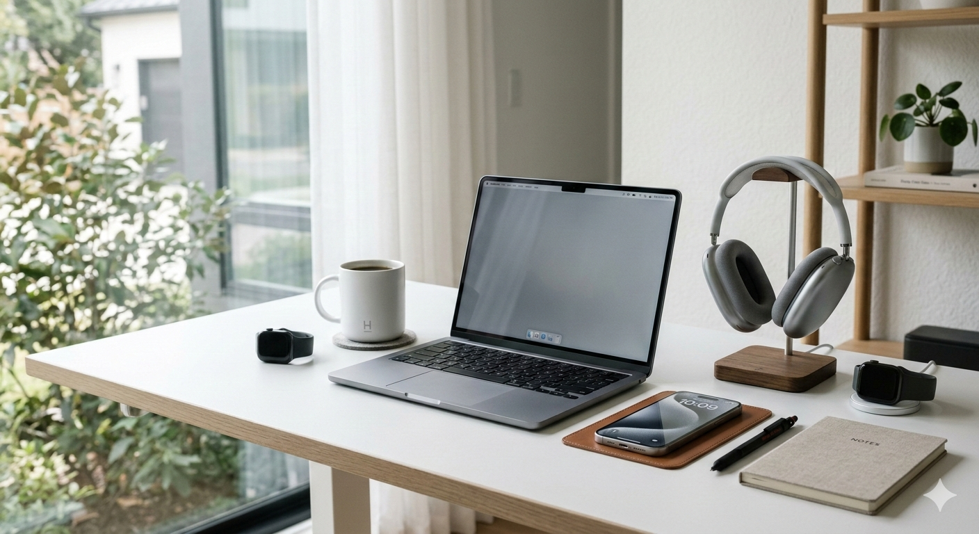 Laptop on a desk with a cup, headphones, and other items in a bright room.